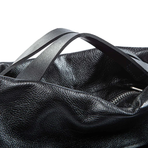 black leather flat shopper