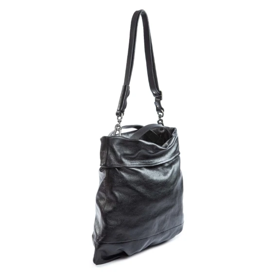 black leather flat shopper