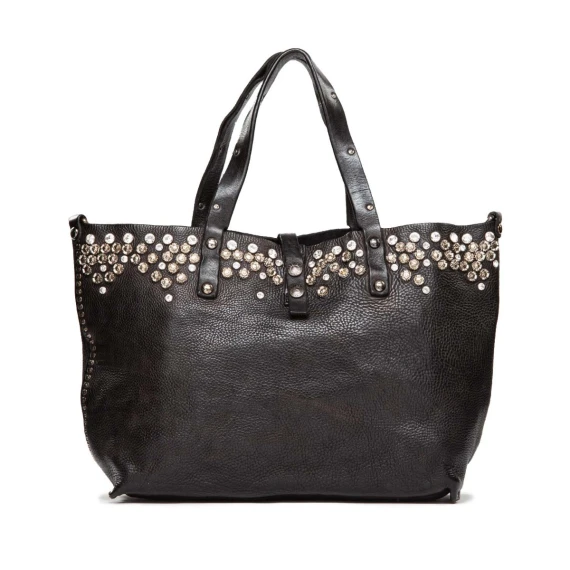 shopper strass e borchie in pelle nera