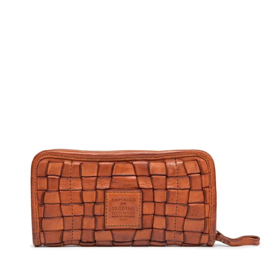 portafogli zip around in pelle intrecciata cuoio