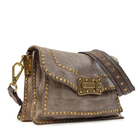 tracolla AGNESE in pelle grigia con rivetti