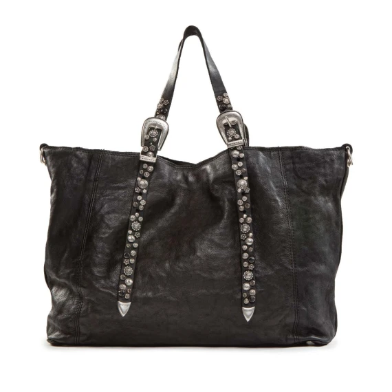 shopper con strass a fiori in pelle nera
