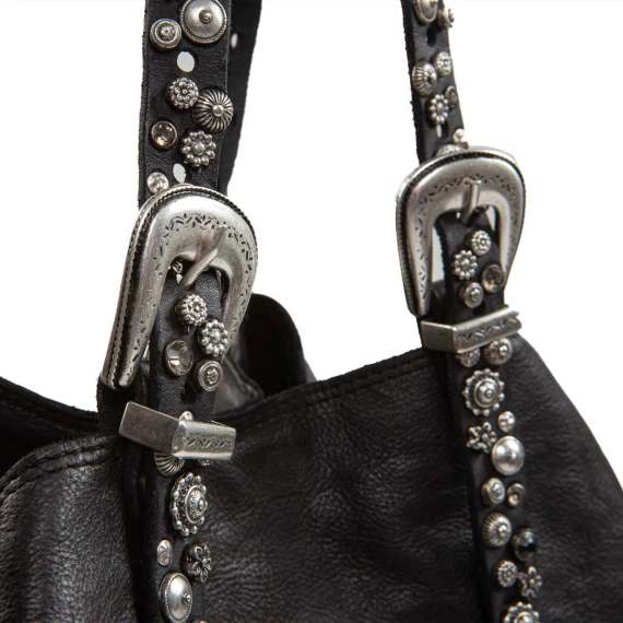 shopper con strass a fiori in pelle nera