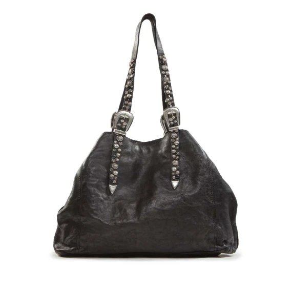 shopper con strass a fiori in pelle nera