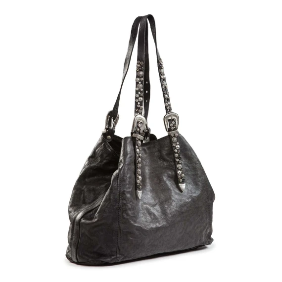 shopper con strass a fiori in pelle nera