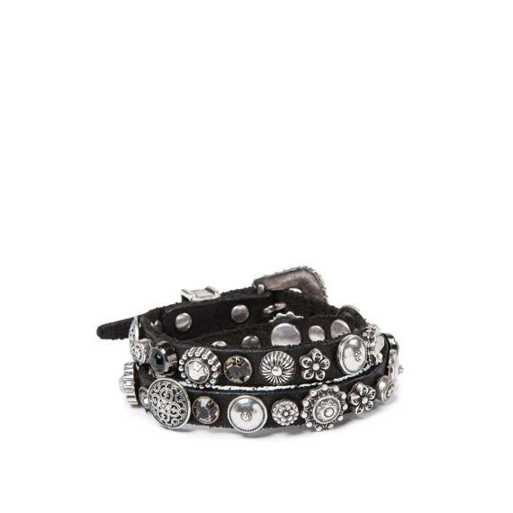 bracciale doppio giro con strass in pelle nera
