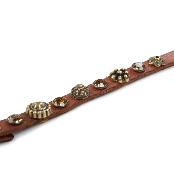 bracciale borchie e strass in pelle cognac