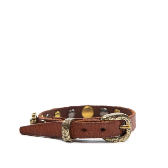 bracciale borchie e strass in pelle cognac