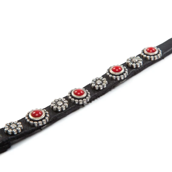 bracciale strass con fiore in pelle nera