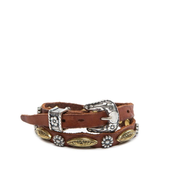 bracciale doppio giro con borchie in pelle cognac