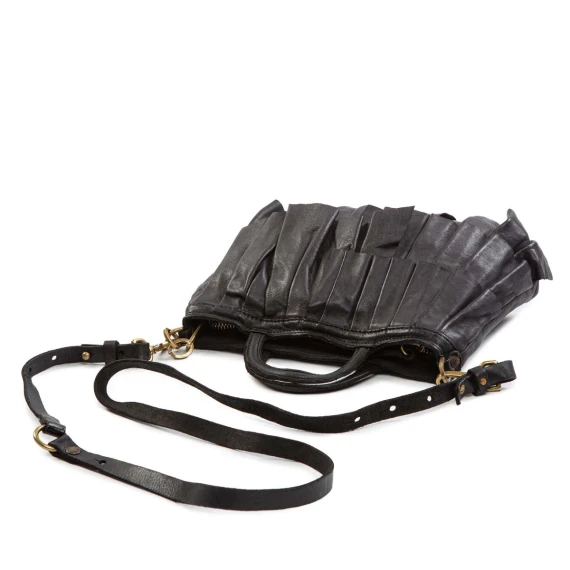 shopper piccola con rouches in pelle nera