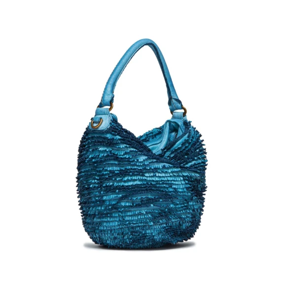 secchiello con frange in pelle blu cadetto