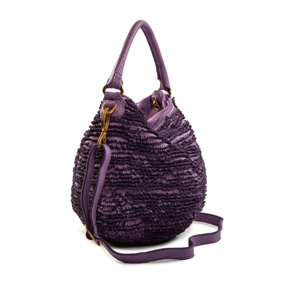 secchiello con frange in pelle melanzana