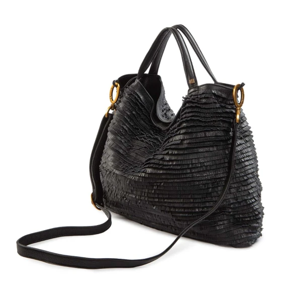 shopper con frange in pelle nera