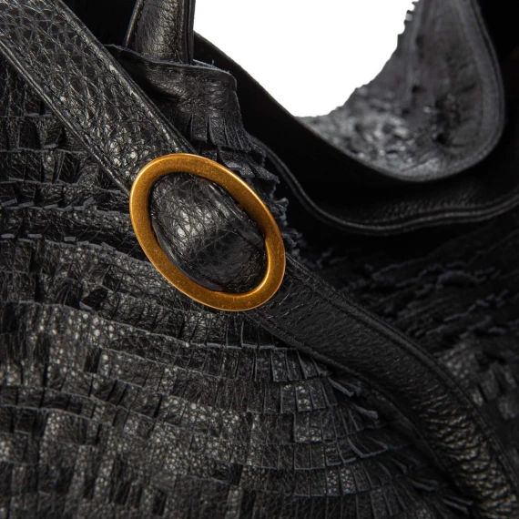 shopper con frange in pelle nera