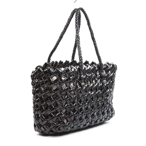 shopper intreccio largo in pelle nera